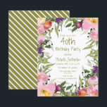 Cartão Cor-de-rosa Verde Floral aniversário de 40 anos<br><div class="desc">Folhas florais,  salgadas e verdes de azeitona,  cor-de-rosa e púrpura,  em convites de festas brancos de aniversário de 40 anos para mulheres. O verso deste cartão tem listras verdes e brancas de azeitona. Entre em contato conosco para obter ajuda com a personalização ou para solicitar produtos correspondentes.</div>