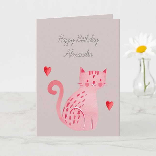 Cartão Cora Cinza Gato Corações Aniversário  (Planta pequena)