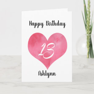 Cartão Coração Aquarela Personalizado para 13º Aniversári