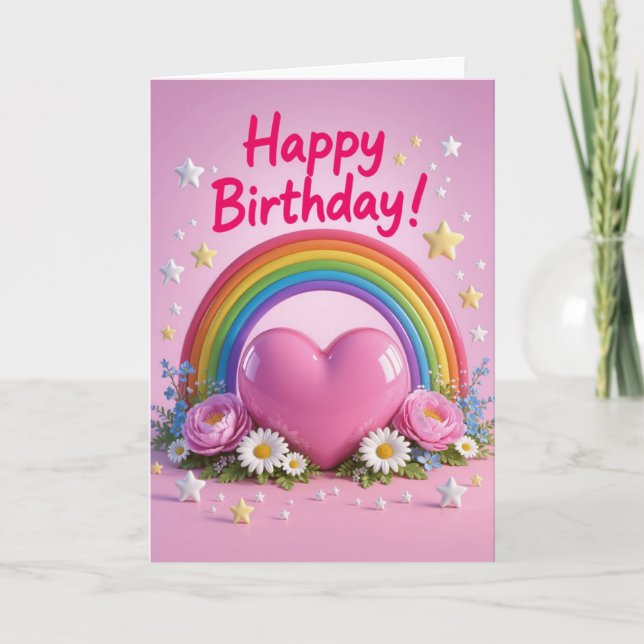 Cartão Coração de amor arco-íris e rosa no aniversário (Frente)