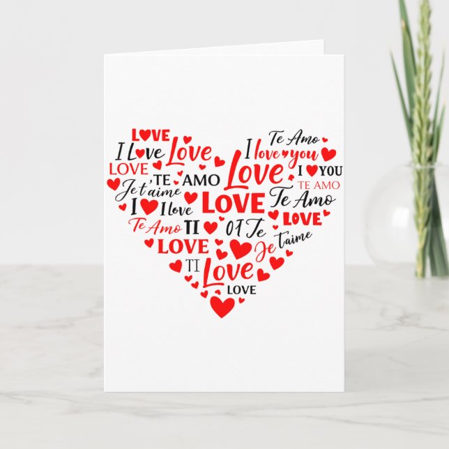 Cartão Coração de Amor Multilíngue Eu Amo Você Romântico  (Frente)