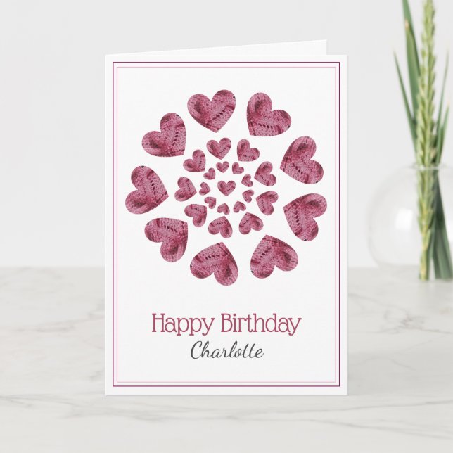 Cartão coração de flor de malha de aniversário (Frente)