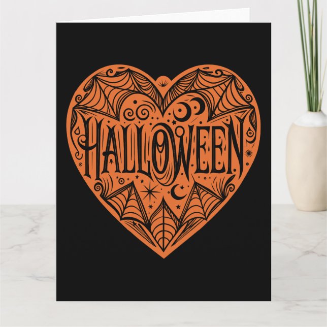 Cartão Coração de Halloween, Forma de Coração Laranja, Fe (Frente)