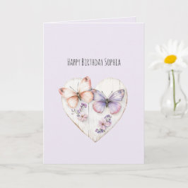 Cartão Coração Floral Rosa Lavanda Borboletas Aniversário