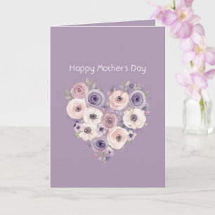 Cartão Coração Floral Rosa Roxo Branco Dia das Mães