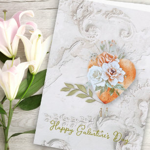 Cartão Coração Floral Rosado com Textura de Gesso Barroco