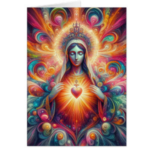 Cartão Coração Sagrado Psicodélico Colorido de Maria
