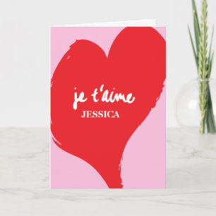 Cartão Coração vermelha com je t’aime-text sobre fundo ro