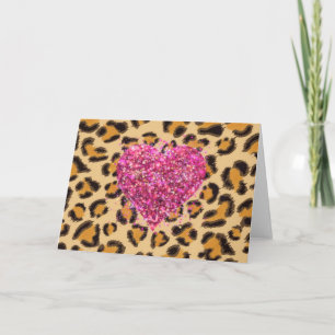 Cartão Corações cor-de-rosa brilhantes e estampa de leopa