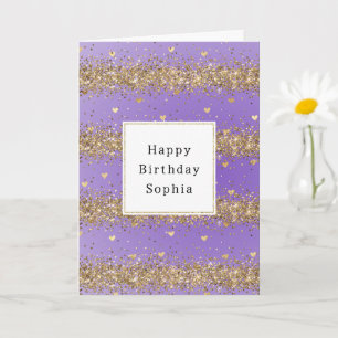 Cartão Corações Dourados Brilham Aniversário Glitter Roxo