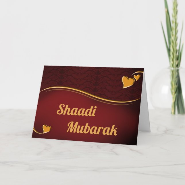 Cartão Corações Românticos Shaadi Mubarak Vermelho e Dour (Frente)