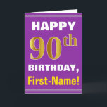 Cartão Corajoso, roxo, aniversário Dourado do 90 do falso<br><div class="desc">As características deste design aniversário-temáticos simples do cartão um desejo morno do aniversário gostam "do ANIVERSÁRIO FELIZ do 90, nome!" na parte dianteira, no texto corajoso em um roxo coloriu o fundo. O número do aniversário tem o falso/imitação ouro-como o olhar da coloração. O nome na parte dianteira pode ser...</div>