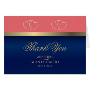 Cartão Coral e Marinho Corações Dourados - Obrigado