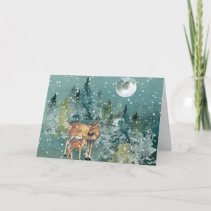 Cartão Corça e Cervo no Bosque Neve Lua Cheia