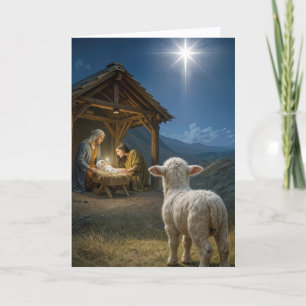 Cartão Cordeiro de Natal Observando o Presépio