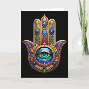 Cartão Cores de Pavão Dourado Hamsa Safira Verde Terceiro