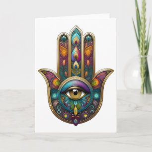 Cartão Cores de Pavão Hamsa com Terceiro Olho Dourado