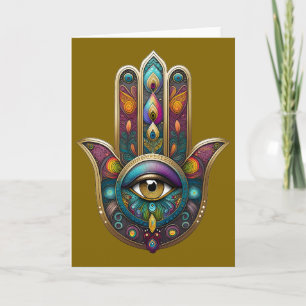 Cartão Cores de Pavão Hamsa com Terceiro Olho Dourado