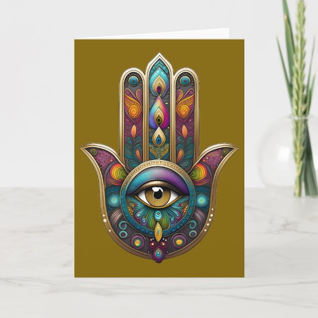 Cartão Cores de Pavão Hamsa com Terceiro Olho Dourado (Frente)