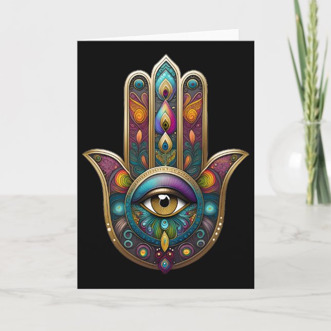 Cartão Cores de Pavão Hamsa w/ Terceiro Olho Dourado (Frente)
