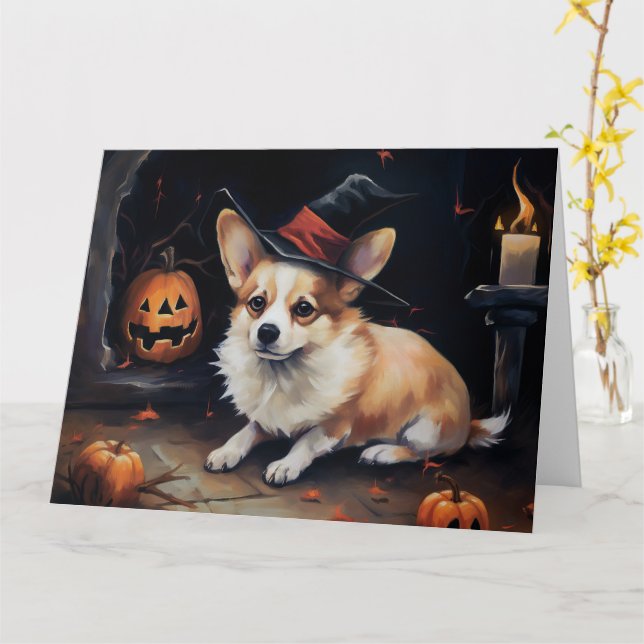 Cartão Corgi Abóboras Halloween Assustador (Flor Amarela)