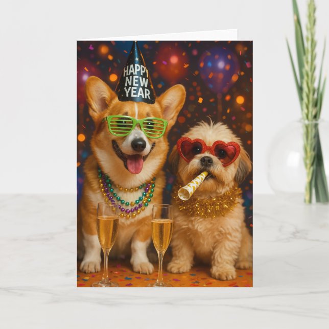 Cartão Corgi and Shitzu Pups Celebrating New Years Card (Frente)