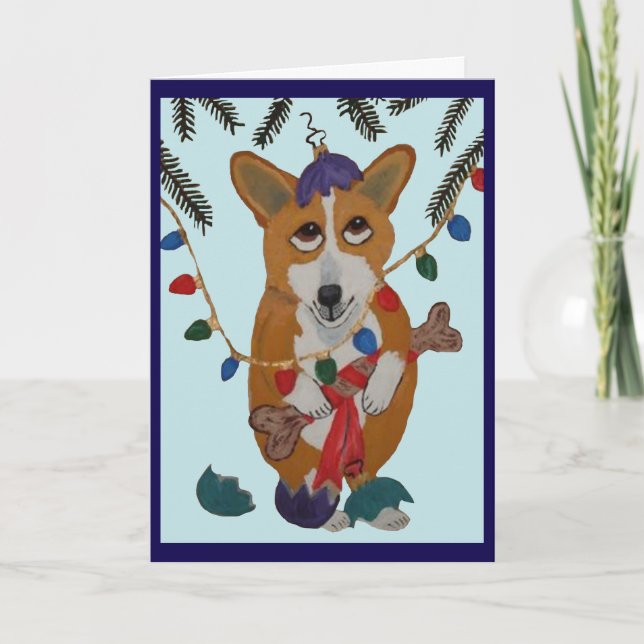 Cartão Corgi com Enfeites de Natal Quebrados (Frente)