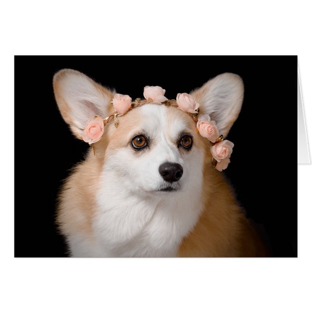 Cartão Corgi com flores no cabelo (Frente Horizontal)