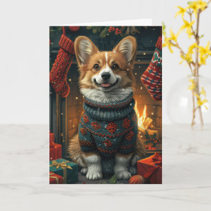 Cartão Corgi com Presentes de Natal na Lareira