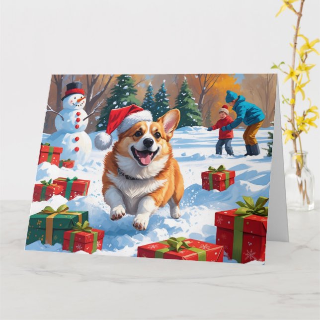 Cartão Corgi Correndo na Neve com Chapéu de Natal (Flor Amarela)