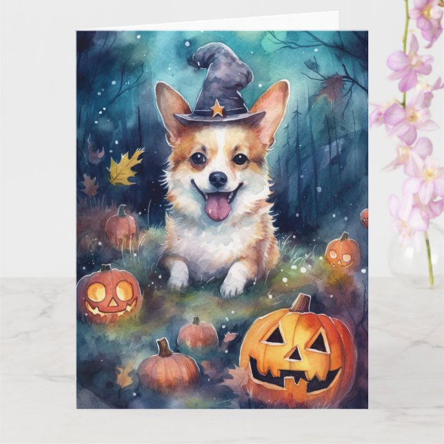 Cartão Corgi de Halloween com Abóboras Assustador (Orquídea)
