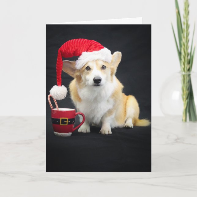 Cartão Corgi de Natal com Gorro, Xícara e Bastão de Doce (Frente)