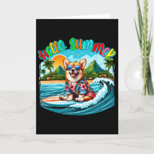 Cartão Corgi de Sungles de Verão Surfando na Praia Surf