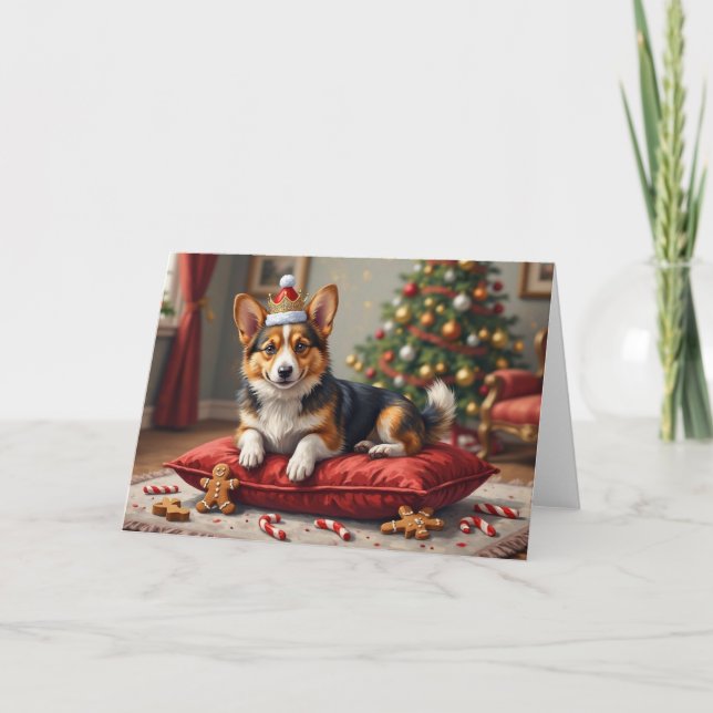 Cartão Corgi Dog Christmas Loaf with Santa Crown Art (Frente)