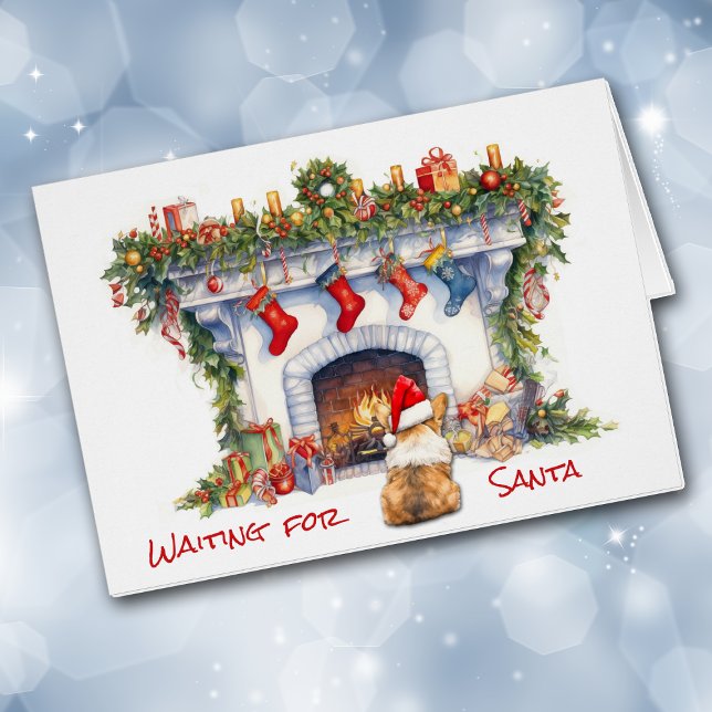 Cartão Corgi Dog Esperando por Papais noeis Lareira de Na (Criador carregado)