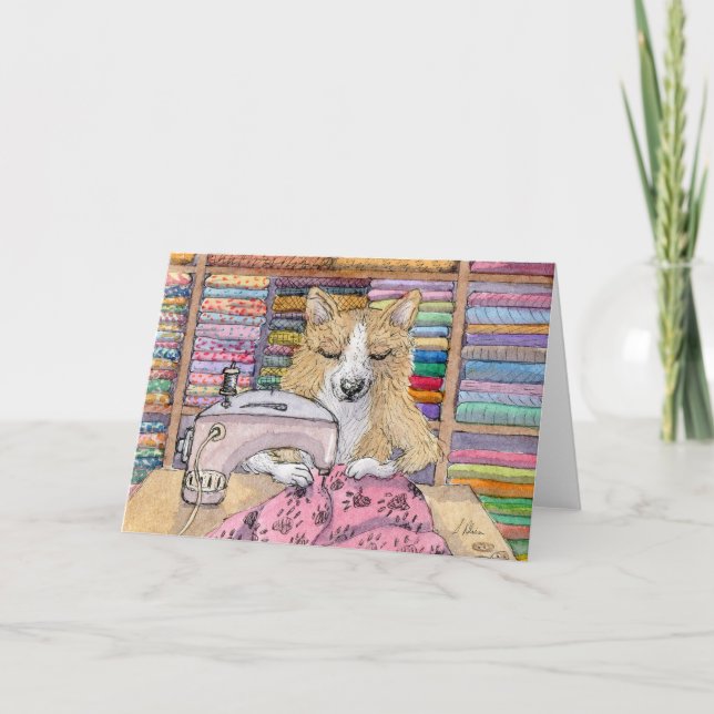 Cartão Corgi Dog, Sewing a Quilt, Vazio (Frente)