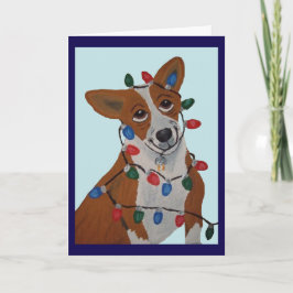 Cartão Corgi enroscado em Luzes de Natal