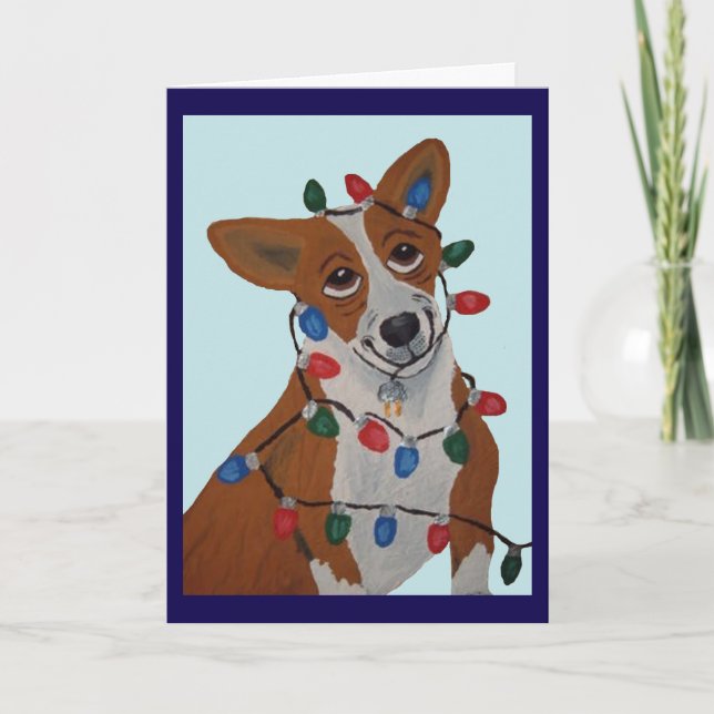Cartão Corgi enroscado em Luzes de Natal (Frente)