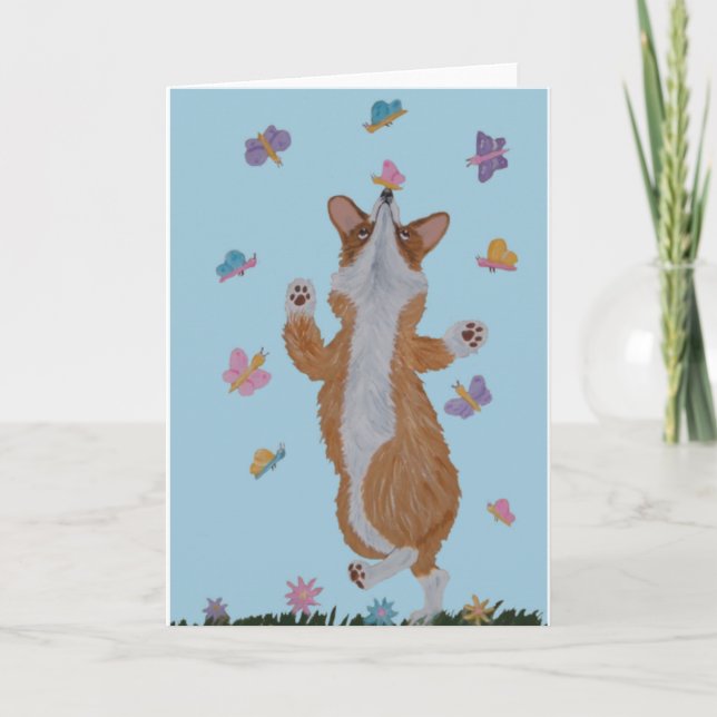 Cartão Corgi galês dançando com borboletas (Frente)