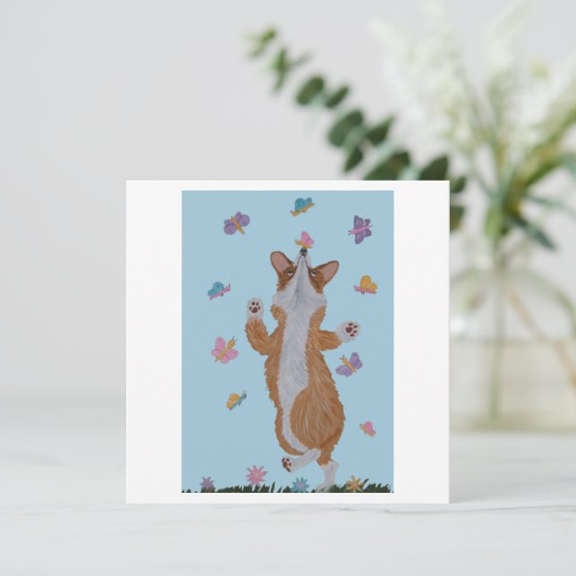 Cartão Corgi galês dançante com borboletas (Em pé/Frente)