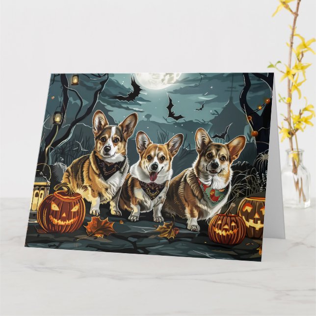 Cartão Corgi Halloween Assustador (Flor Amarela)