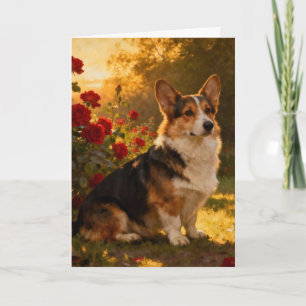 Cartão Corgi nas Rosas I Em Branco