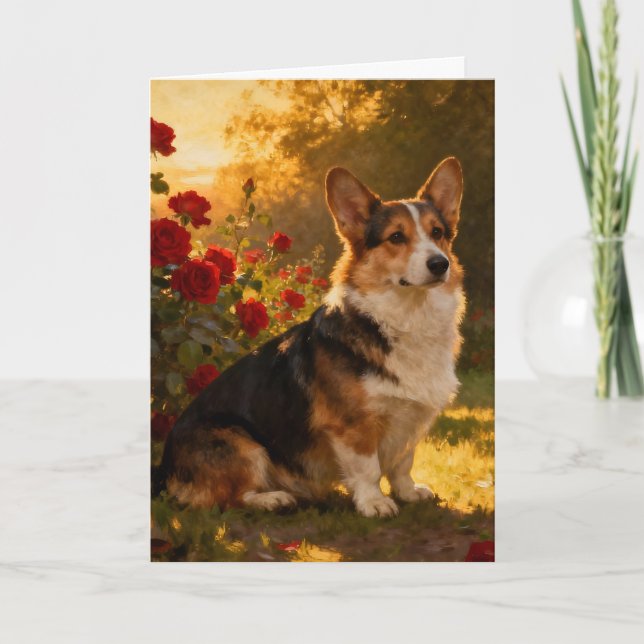 Cartão Corgi nas Rosas I Em Branco (Frente)