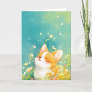 Cartão Corgi Sonhador Rodeado de Flores