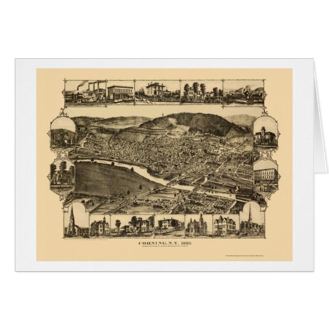 Cartão Corning, mapa panorâmico de NY - 1882 (Frente Horizontal)