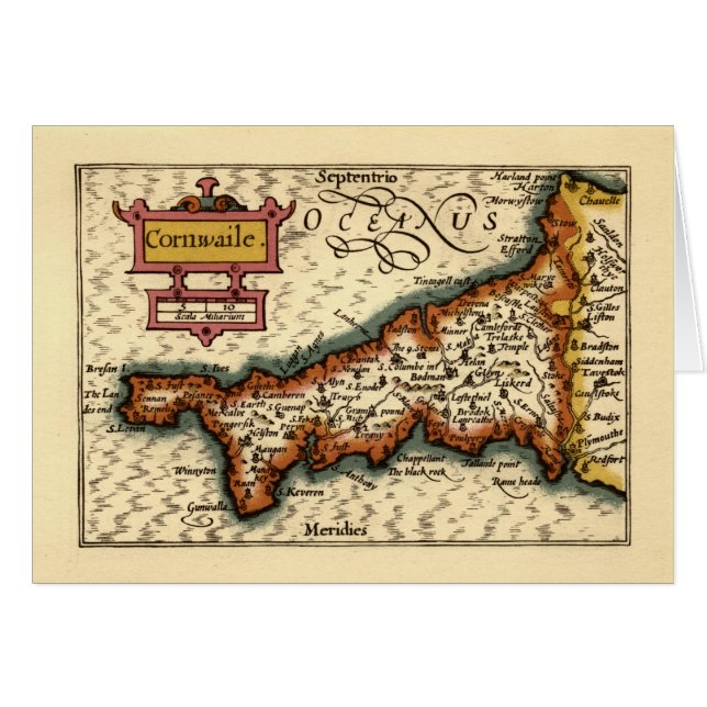 Cartão Cornwall, Cornwaile County England Mapa Antiquário (Frente Horizontal)
