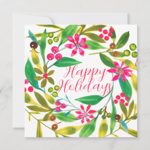 Cartão Coroa de Natal com Poinsettia em Aquarela Festa Vi