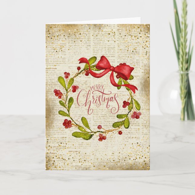 Cartão Coroa de Natal Vintage e Laço (Frente)