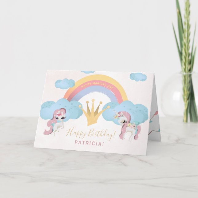 Cartão Coroa de princesa rosa e dourada meninas feliz ani (Frente)