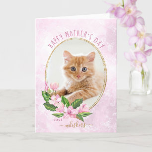 Cartão Coroa Floral de Ouro Rosa Foto de Gato Dia das Mãe